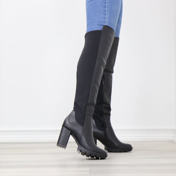 Black Faux Leather Round Toe Thigh High Over The Knee Lug Block Heel Boots - Picture 5 of 15